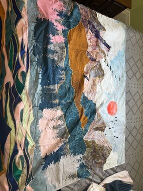 Scenic Mountain & Forest Art Print Blanket - Blue, Pink, Rust